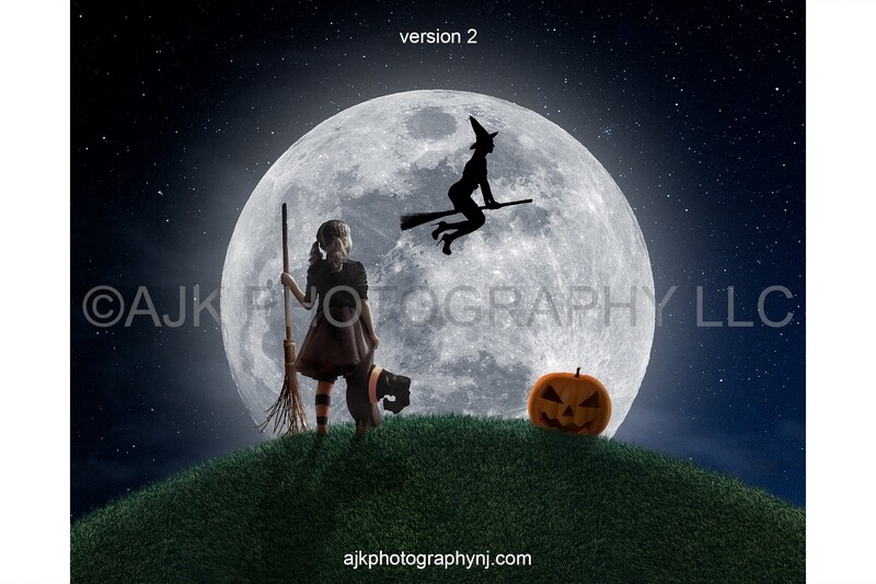 Witch on broomstick flying across moon over hill Halloween digital background, version #2