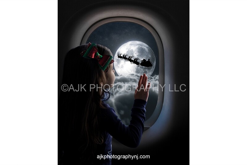 Santa flying in moon outside airplane window Digital Background, Christmas Digital Backdrop