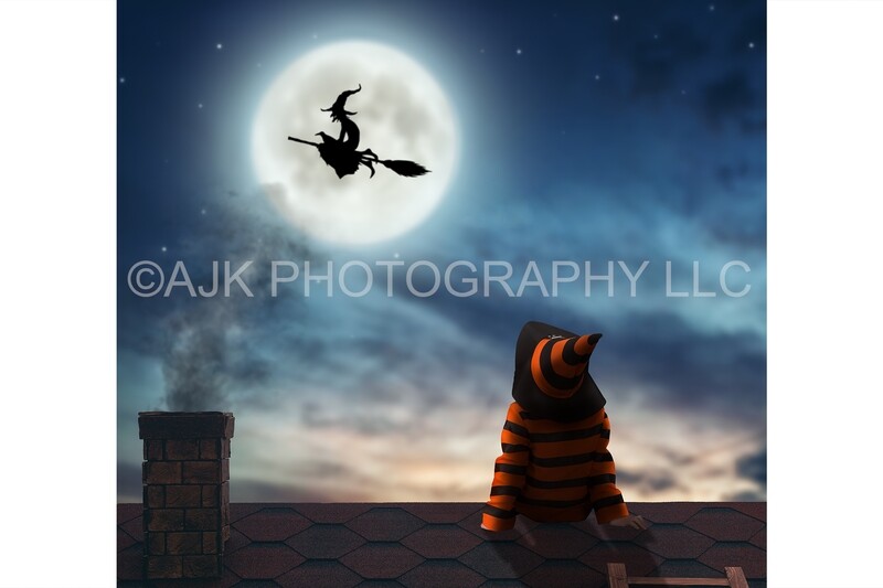 Witch on broomstick flying across moon over rooftop Halloween digital background