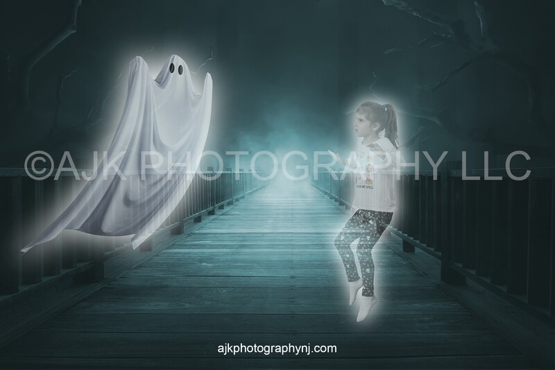 Floating ghost on bridge in spooky woods Halloween digital backdrop