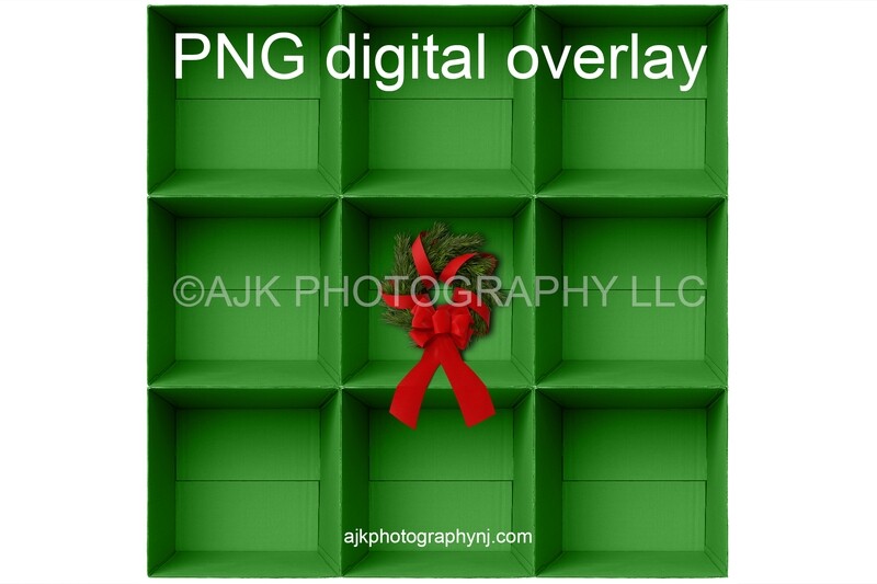 PNG overlay, 9 green empty cardboard boxes template, Christmas wreath, PNG Digital Overlay