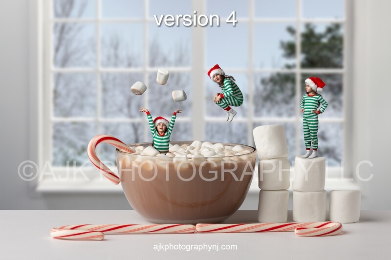 Christmas digital backdrop, hot chocolate in bowl with candy canes and marshmallows, winter window, digital background version 4