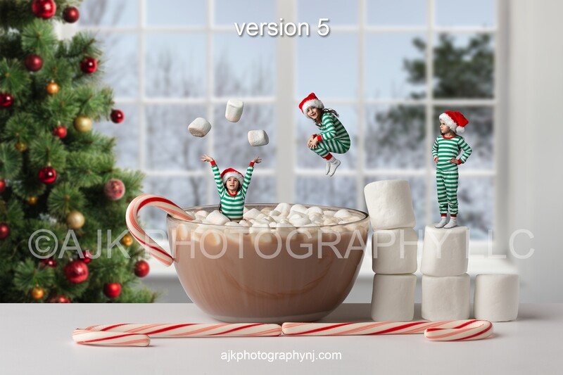 Christmas digital backdrop, hot chocolate in bowl with candy canes and marshmallows, Christmas tree by winter window, digital background version 5 Christmas digital backdrop, hot chocolate in bowl with candy canes and marshmallows, Christmas tree by winter window, digital background version 5