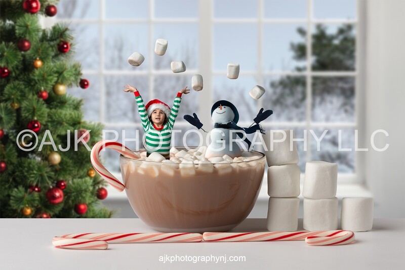 Christmas digital backdrop, a snowman in a bowl of hot chocolate with candy canes and marshmallows, Christmas tree by winter window, digital background version 5