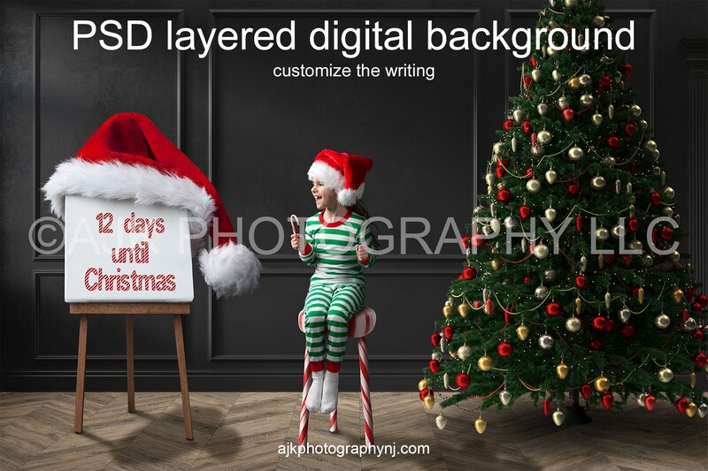 12 days until Christmas digital background, candy cane stool, Christmas tree, PSD