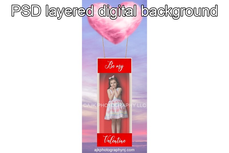 Valentine digital backdrop, pink heart cloud carrying a Valentine box, PSD layered digital background