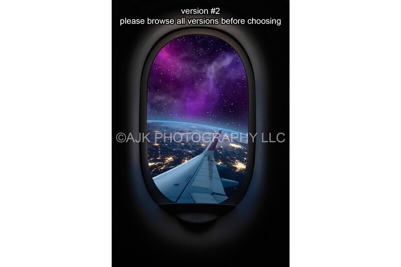Outer space digital backdrop, view of Earth and space from and airplane window, digital background.  Version #2