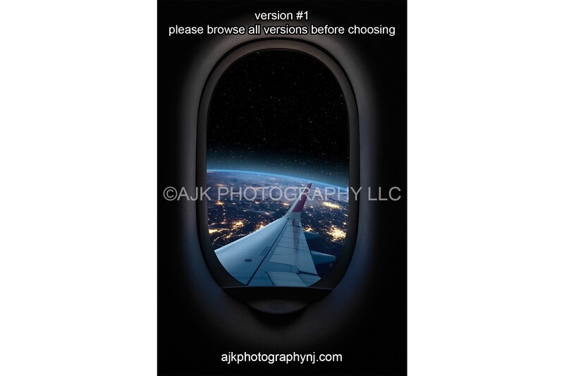 Outer space digital backdrop, view of Earth and space from and airplane window, digital background.