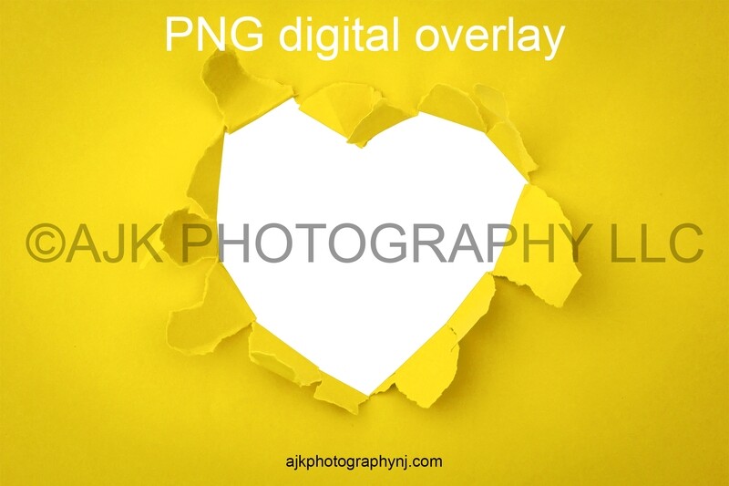 Valentines Day digital background, heart shaped hole in yellow paper, PNG digital overlay, digital backdrop