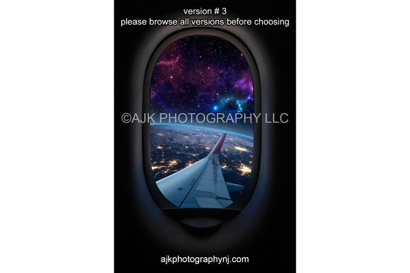 Outer space digital backdrop, view of Earth and space from and airplane window, digital background.  Version # 3
