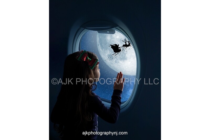 Santa flying in moon outside airplane window Digital Background, Christmas Digital Backdrop by Eric Miele from AJK Photography