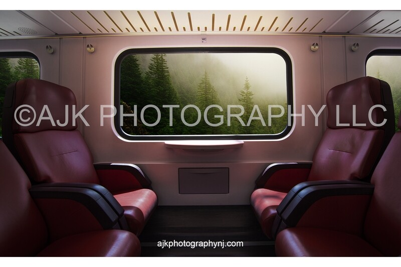 Train digital backdrop, view of a beautiful forest from a train window, digital background