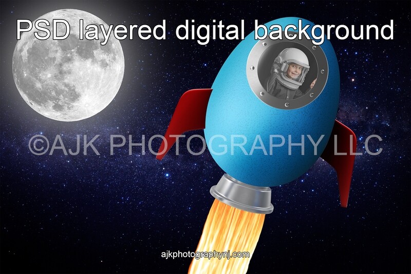 Easter egg spaceship flying in outer space, large moon, stars, rocket ship, Easter digital background
