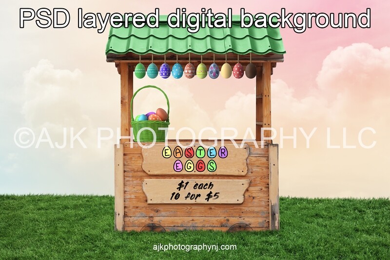 Easter eggs for sale, wooden market booth in grassy field, Easter digital backdrop