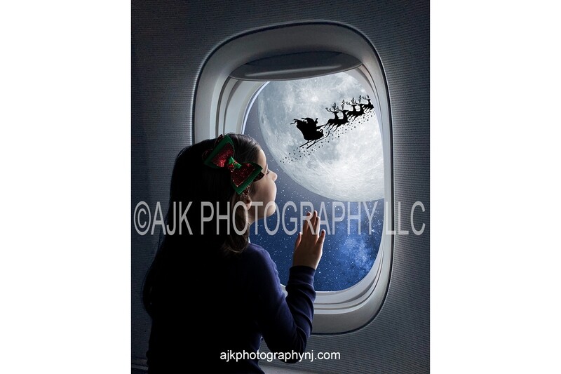 Santa flying in moon outside airplane window Digital Background, Christmas Digital Backdrop version #2