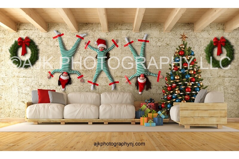 Children taped to a living room wall, Christmas digital background