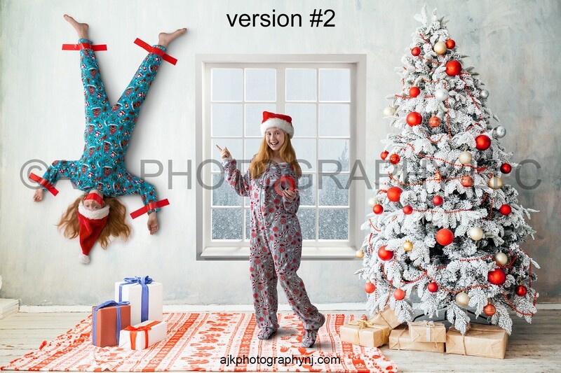 Children taped to a living room wall, Christmas digital background version #2