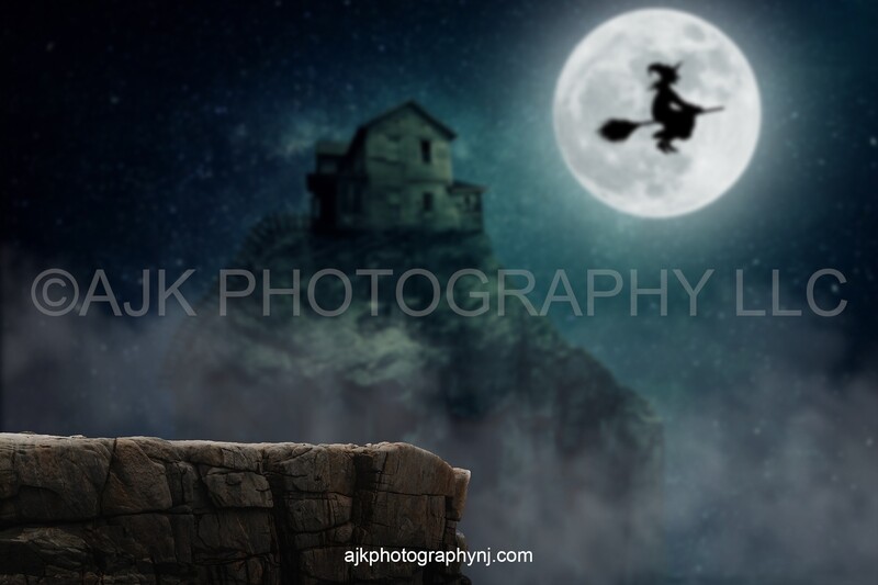 Halloween digital background, a witch flying across the moon above a haunted house on a hill, digital backdrop