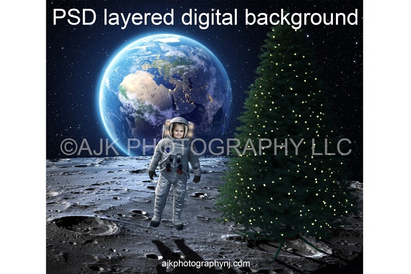Christmas digital background, one astronaut celebrating Christmas on the moon, Christmas tree, digital backdrop