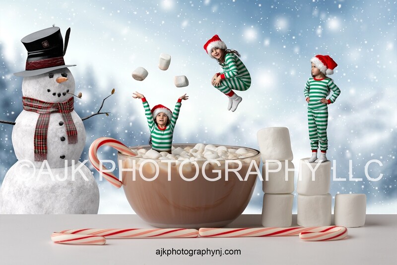 Hot chocolate in bowl with candy canes and marshmallows, snowman in snowy field, Christmas digital background version 8