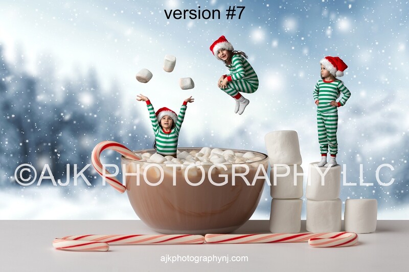 Hot chocolate in bowl with candy canes and marshmallows, snowy field, Christmas digital background version 7