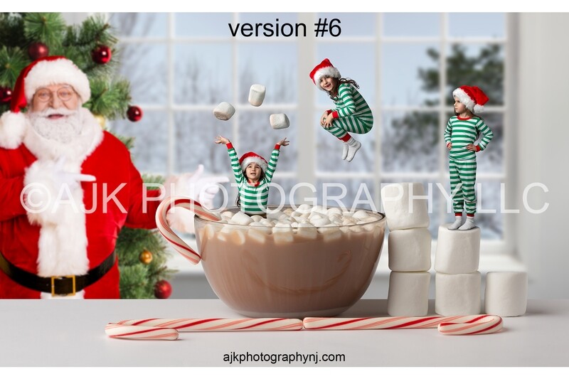 Christmas digital backdrop, hot chocolate in bowl with candy canes and marshmallows, Santa Claus and a Christmas tree by winter window, digital background version 6