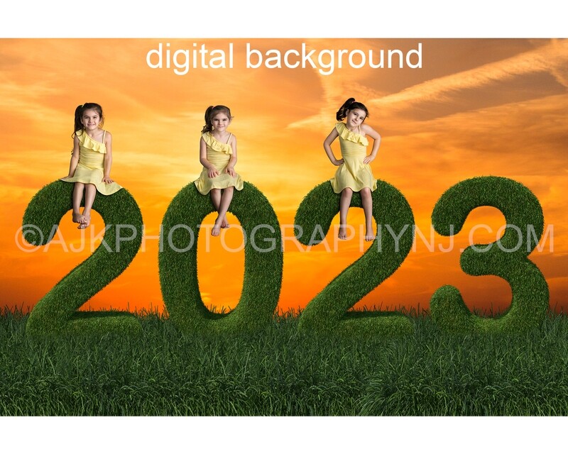 2023 new years backdrop, grass numbers, golden sky, graduation digital background