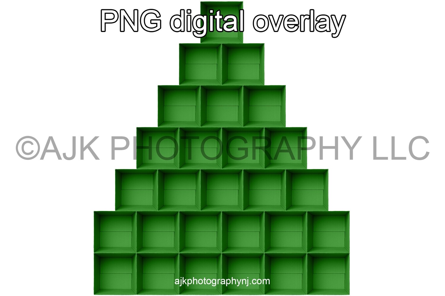 PNG overlay, 27 green empty cardboard boxes template, Christmas tree shaped boxes, PNG Digital Overlay