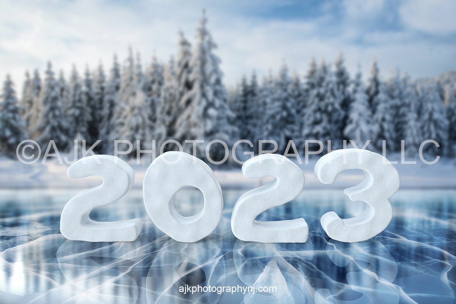 New years digital backdrop, 2023 snow numbers on frozen lake digital background