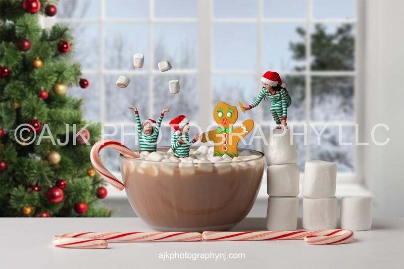 Gingerbread man losing head in bowl of hot chocolate and marshmallows Christmas digital background version 5