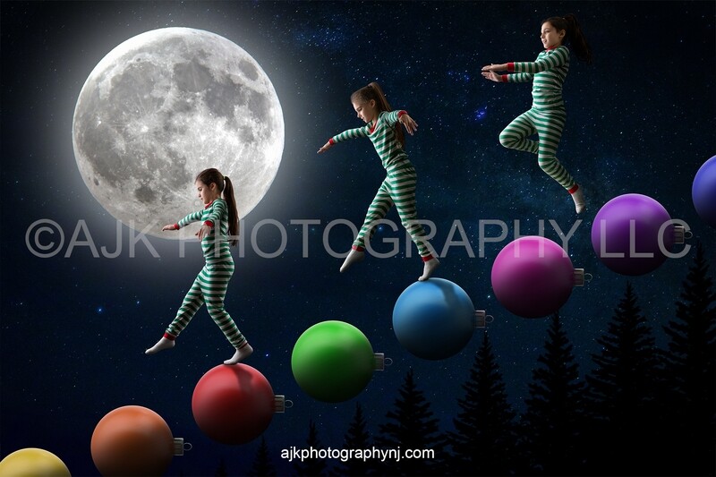 Christmas ornament staircase in front of night sky and large moon digital background