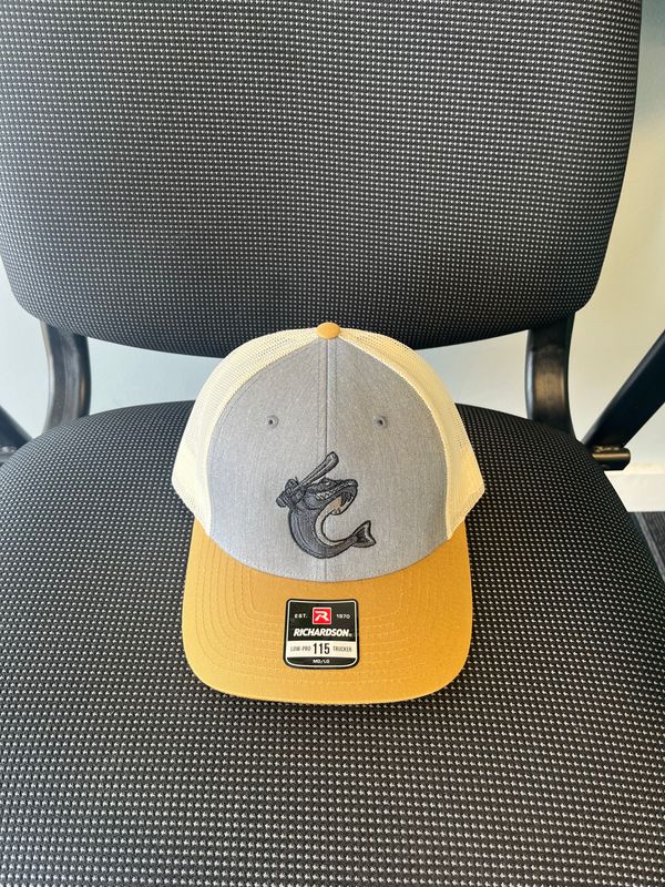Gray and Gold Richardson 115 Trucker hat with Catfish logo