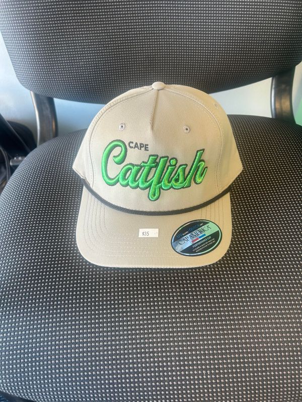 Grey Cap America Catfish Rope Hat with Green Script