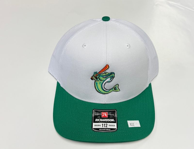 Richardson 112 Trucker White hat with Kelly Green Visor and Button