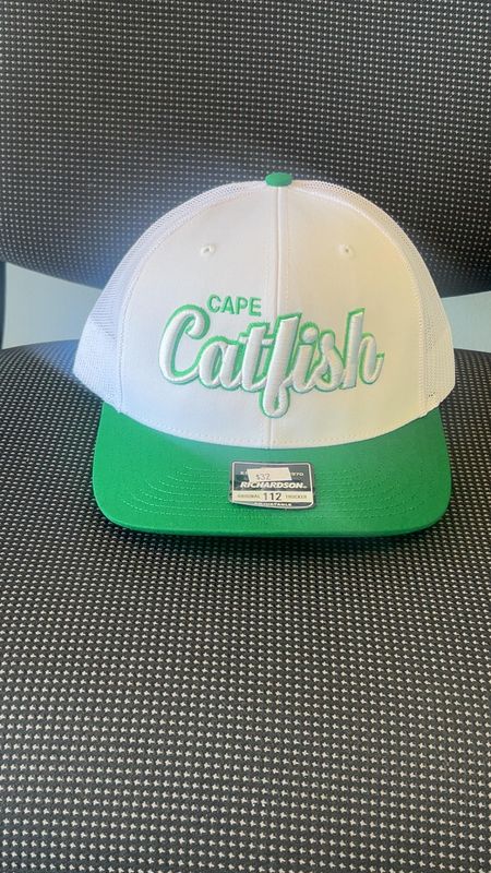 White Richardson 112 with kelly green Visor, Button and Eyelets Catfish Script logo