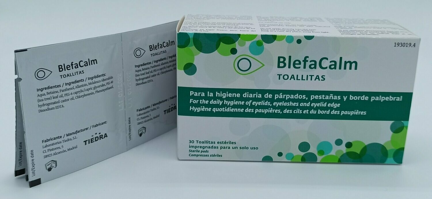 BlefaCalm Toallitas para la higiene de párpados, pestañas y borde palpebral.