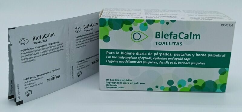 BlefaCalm Toallitas para la higiene de párpados, pestañas y borde palpebral.