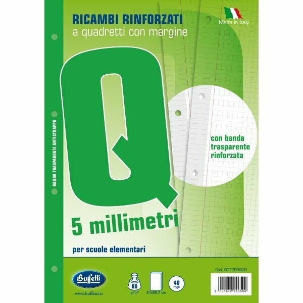 Ricambi rinforzati per quaderni - A4 - quadretti c/margine - 40 fogli