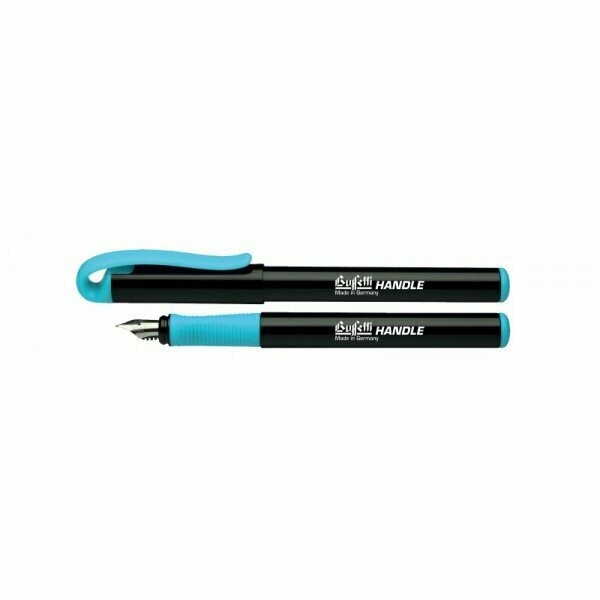 Penna stilografica con inchiostro cancellabile, con apposito pennino, con fusto nero e grip azzurra