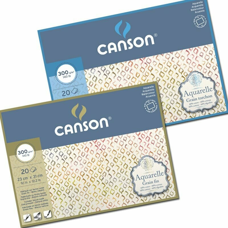 Canson | Blocco collato Acquarelle  -  formato  31 x 41 cm -  300 g/mq - 20 fogli - Grana Fine