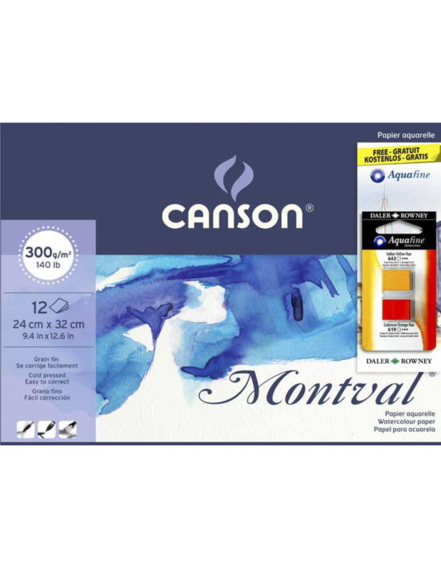 Canson | Blocco collato Montval  -  formato  24 x 32cm -  300 g/mq - 12 fogli - Grana Fine