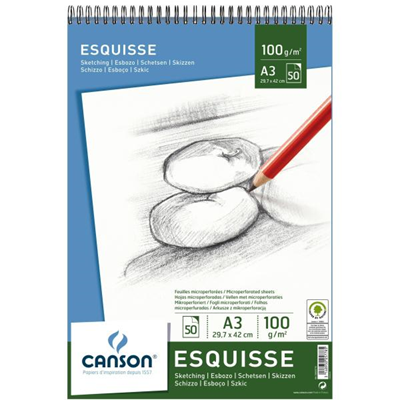 Canson | Blocco a spirale Esquisse  -  formato A3,  29,7 x 42 cm -  100 g/mq - 50 fogli - Grana Fine