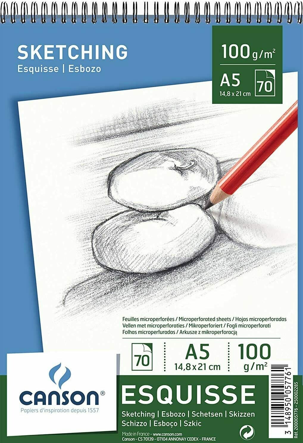 Canson | Blocco a spirale Esquisse  -  formato A5,  21 x 14,8 cm -  100 g/mq - 70 fogli - Grana Fine