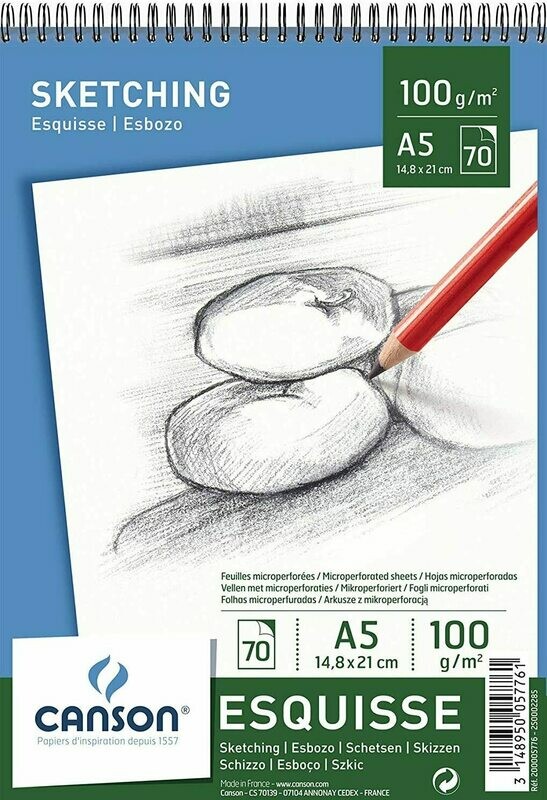 Canson | Blocco a spirale Esquisse  -  formato A5,  21 x 14,8 cm -  100 g/mq - 70 fogli - Grana Fine