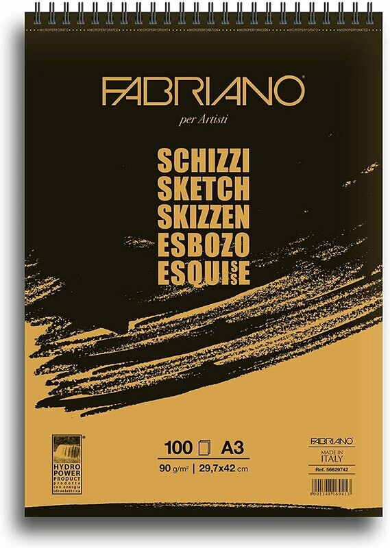 Fabriano | Blocco a spirale Fabriano Schizzi-  formato A3  29,7 x 42 cm - 90 g/mq - 100 fogli