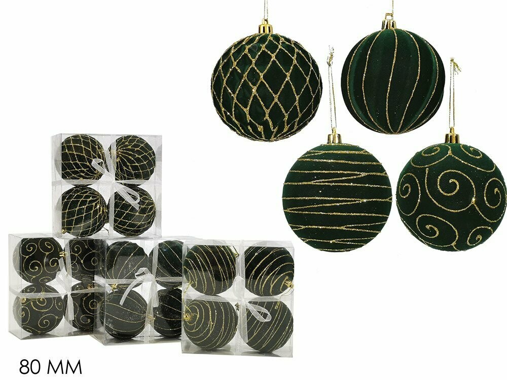 Set di 4 Palle in Velluto Verde Ø 8 cm  - 4 Soggetti