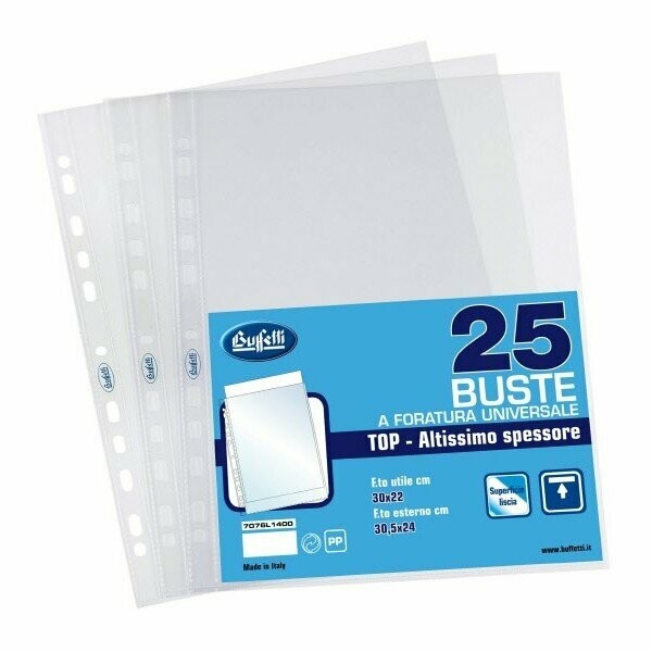 Buste a foratura universale - Polipropilene - 30x22 cm - lisce -extra spessore - conf.25 pz.