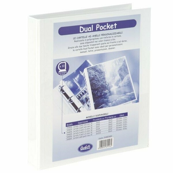 Cartella personalizzabile Dual Pocket - 4 anelli a D - Diametro 30 mm - bianco Cartella personalizzabile Dual Pocket - 4 anelli a D - Diametro 30 mm - bianco