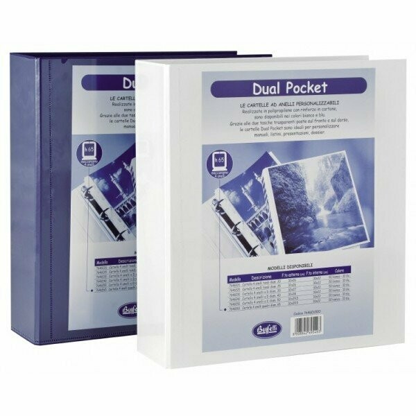 Cartella personalizzabile dorso 10 cm Dual Pocket - 4 anelli quadri - Diametro 65 mm - bianco