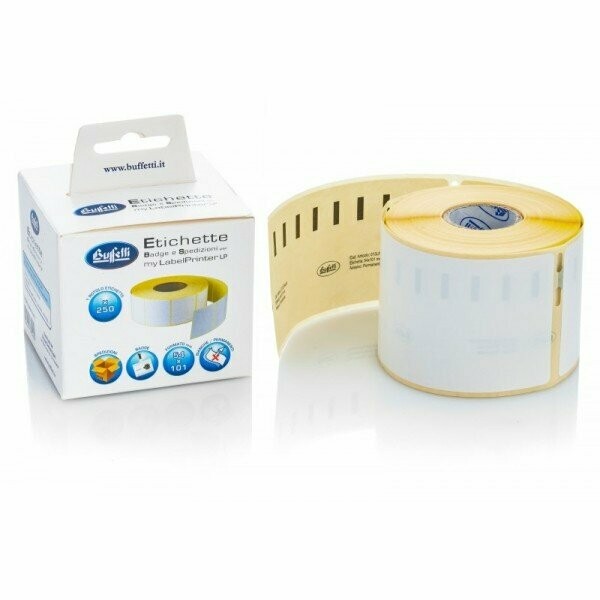 Rotolo 250 etichette permanenti in carta termica - 54x101mm - per badge e spedizioni. Compatibili Dymo LW Rotolo 250 etichette permanenti in carta termica - 54x101mm - per badge e spedizioni. Compatibili Dymo LW